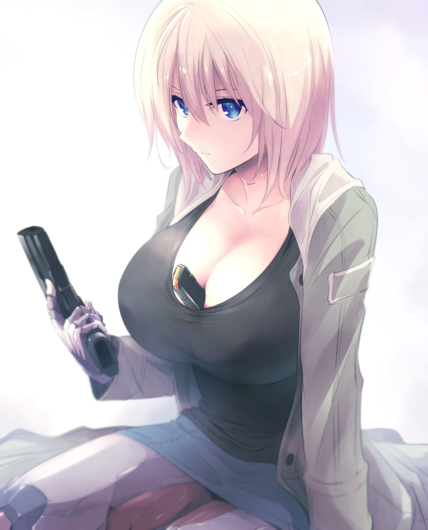 1girl, absurdres, android, between_breasts, blonde_hair, blue_eyes, breasts, coat, eyebrows_visible_through_hair, greyscale, gun, hair_between_eyes, highres, holding, holding_gun, holding_weapon, ishiyumi, large_breasts, mechanical_arms, mechanical_buddy_universe, mechanical_legs, momdroid_(mechanical_buddy_universe), monochrome, overcoat, scar, scar_on_face, science_fiction, short_hair, solo, weapon