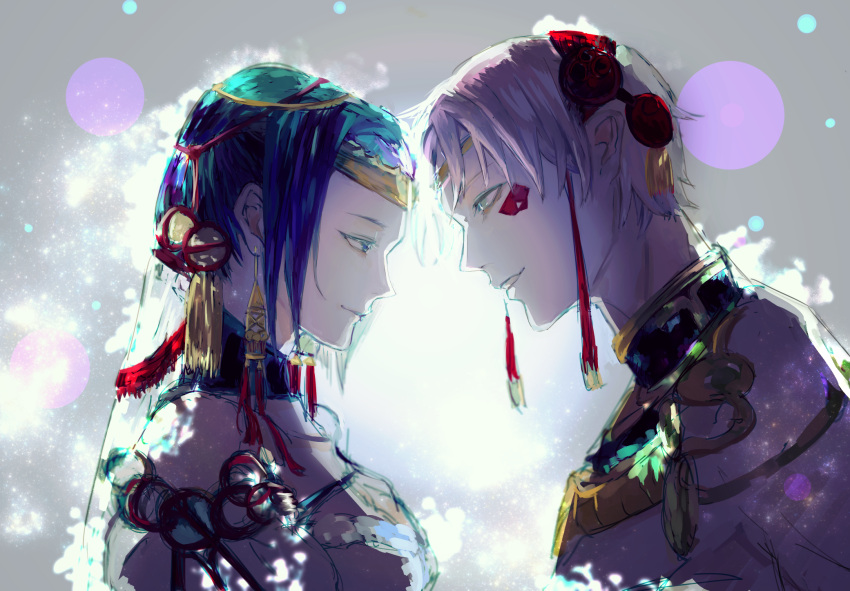 1boy, 1girl, bangs, bare_shoulders, blue_eyes, blue_hair, collarbone, commentary_request, e44ari9, from_side, grey_background, grey_hair, hair_ornament, hairband, half-closed_eyes, hetero, highres, kaneki_ken, kirishima_touka, looking_at_another, official_alternate_costume, profile, short_hair, simple_background, smile, teeth, tokyo_ghoul, tokyo_ghoul:re, upper_body, wedding