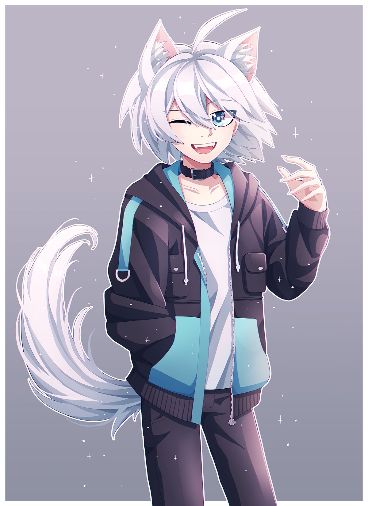 1boy, ahoge, animal_ear_fluff, animal_ears, bangs, black_jacket, black_pants, blue_eyes