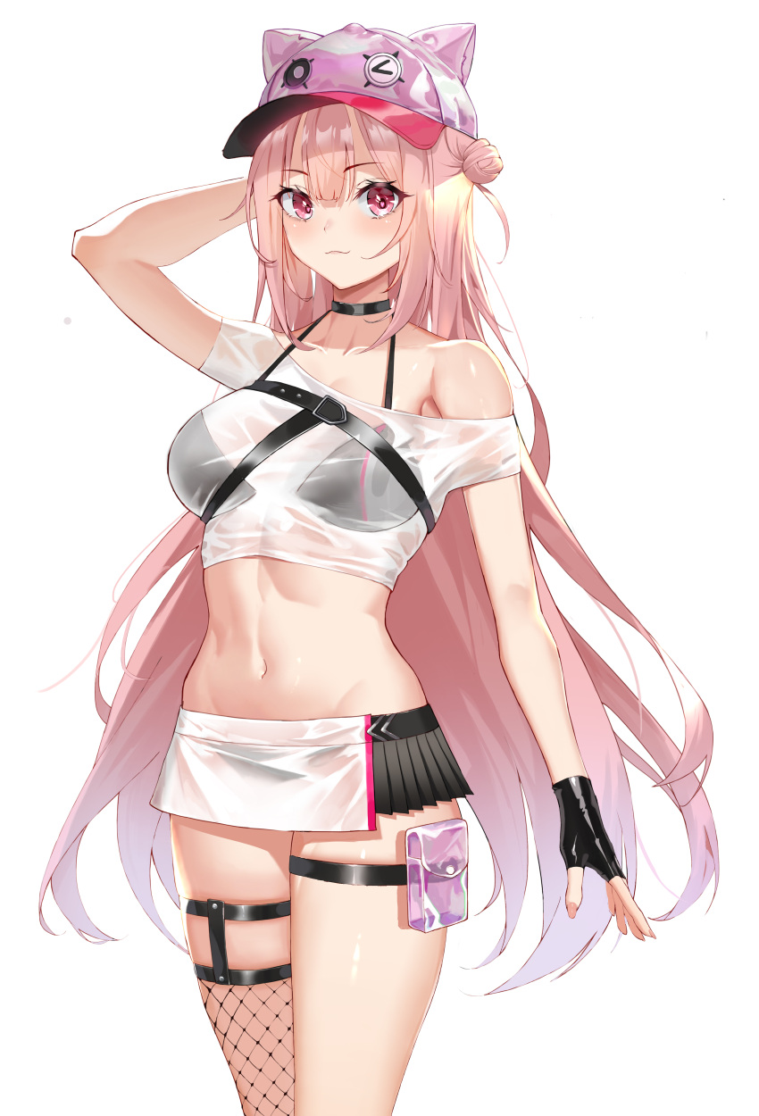 1girl, absurdres, animal_ear_headwear, arm_up, bangs, bare_shoulders, baseball_cap, bikini
