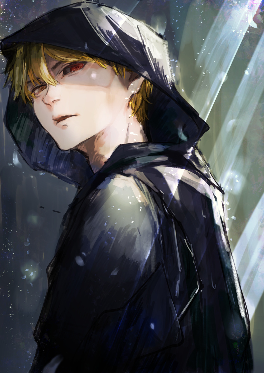 1boy, black_jacket, blonde_hair, brown_eyes, character_request, commentary_request, e44ari9, from_side