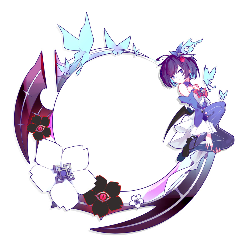 1girl, antenna_hair, bangs, bare_shoulders, black_flower, black_footwear, blue_butterfly, blue_eyes