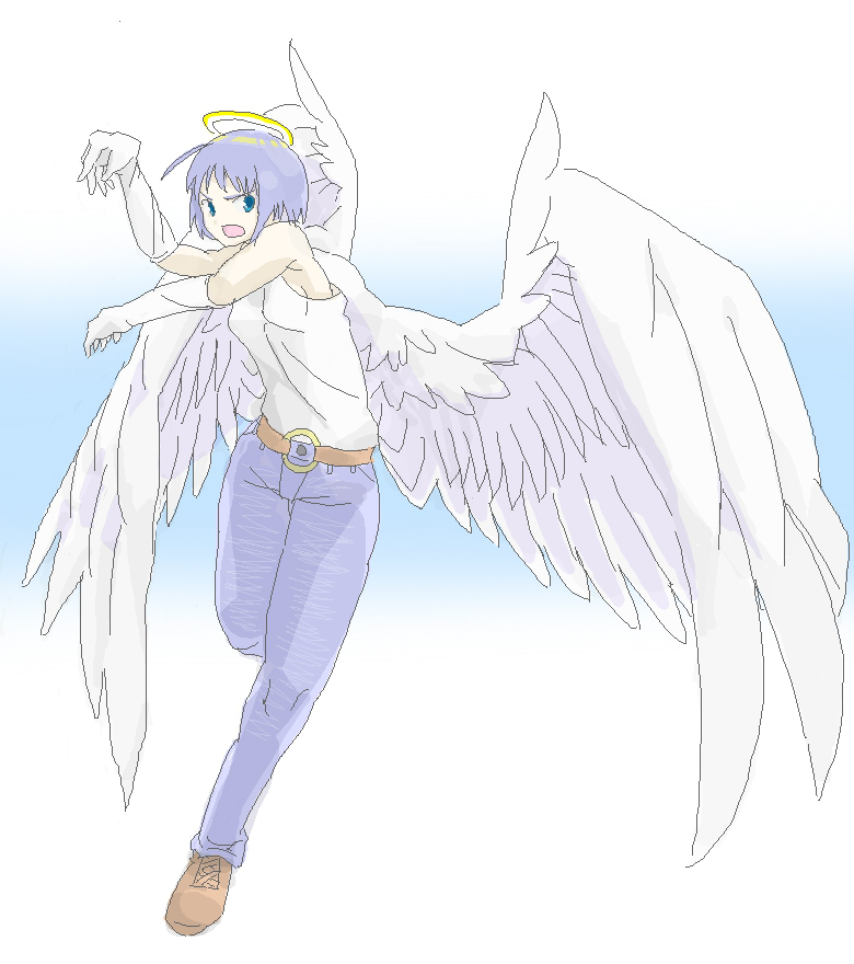 3_1, angel, angel_wings, bare_shoulders, belt, blue_eyes, blue_hair, denim