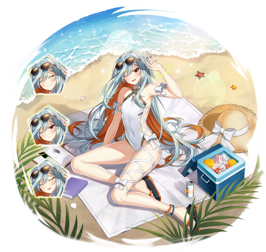 1girl, 2qba, absurdres, alpha_transparency, aqua_hair, arm_up, armpits, bare_shoulders, beach, beach_mat, bow, colored_inner_hair, cooler, counter_side, covered_navel, criss-cross_halter, eyewear_on_head, flat_chest, halterneck, hat, highres, huge_filesize, long_hair, looking_at_viewer, multicolored_hair, one-piece_swimsuit, one_eye_closed, open_mouth, orange_hair, red_eyes, sideless_outfit, sigma_(counter_side), slippers, smile, solo, straw_hat, sunglasses, swimsuit, thighs, transparent_background, two-tone_hair, very_long_hair, water, white_bow, white_swimsuit