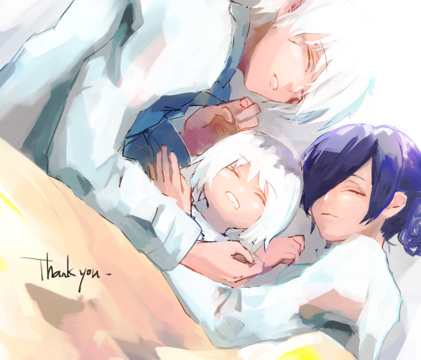 1boy, 2girls, blue_hair, child, closed_eyes, commentary_request, eyebrows_visible_through_hair, family