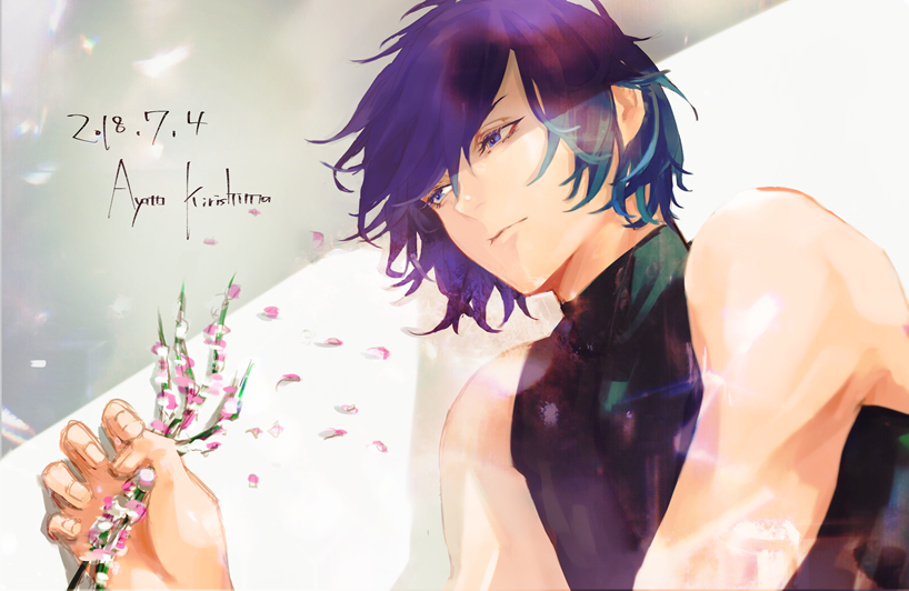 1boy, bangs, bare_shoulders, black_bodysuit, blue_eyes, bodysuit, character_name, commentary_request