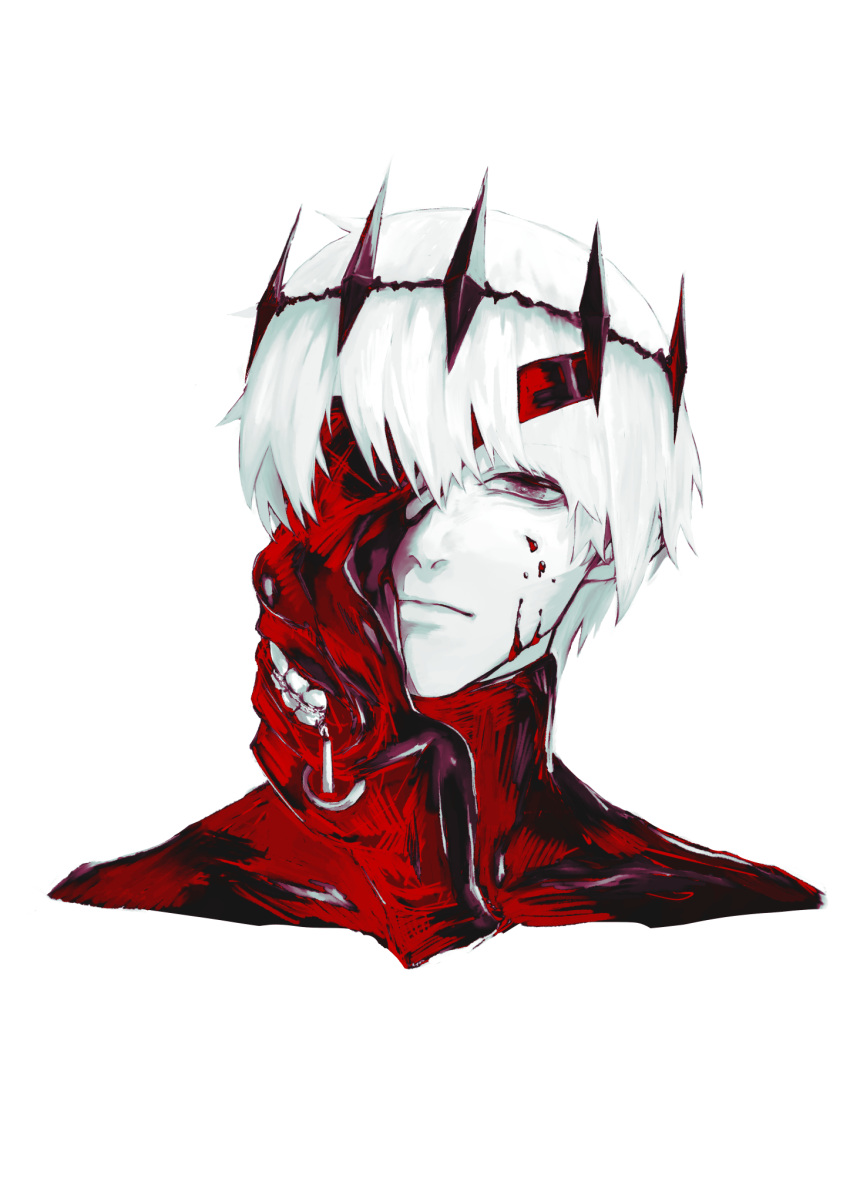 1boy, alternate_color, bangs, blood, blood_on_face, blue_eyes, bodysuit, commentary_request