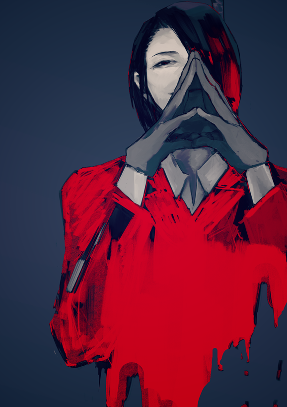 1boy, alternate_hair_color, bangs, black_hair, blood, collared_shirt, commentary_request, cropped_torso