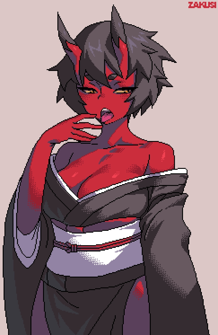 1girl, black_kimono, breasts, colored_sclera, colored_skin, grey_background, half-closed_eyes, hand_to_own_mouth