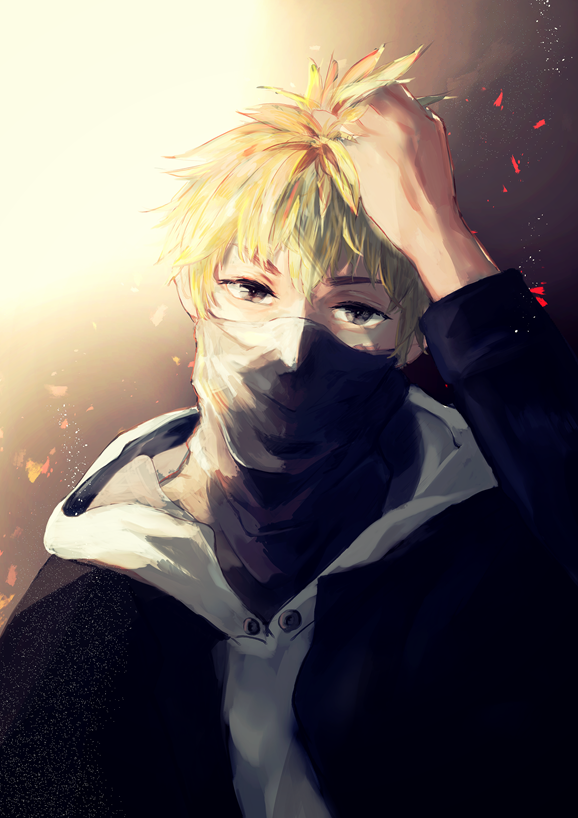 1boy, bangs, black_jacket, blonde_hair, brown_background, commentary_request, covered_mouth, gradient