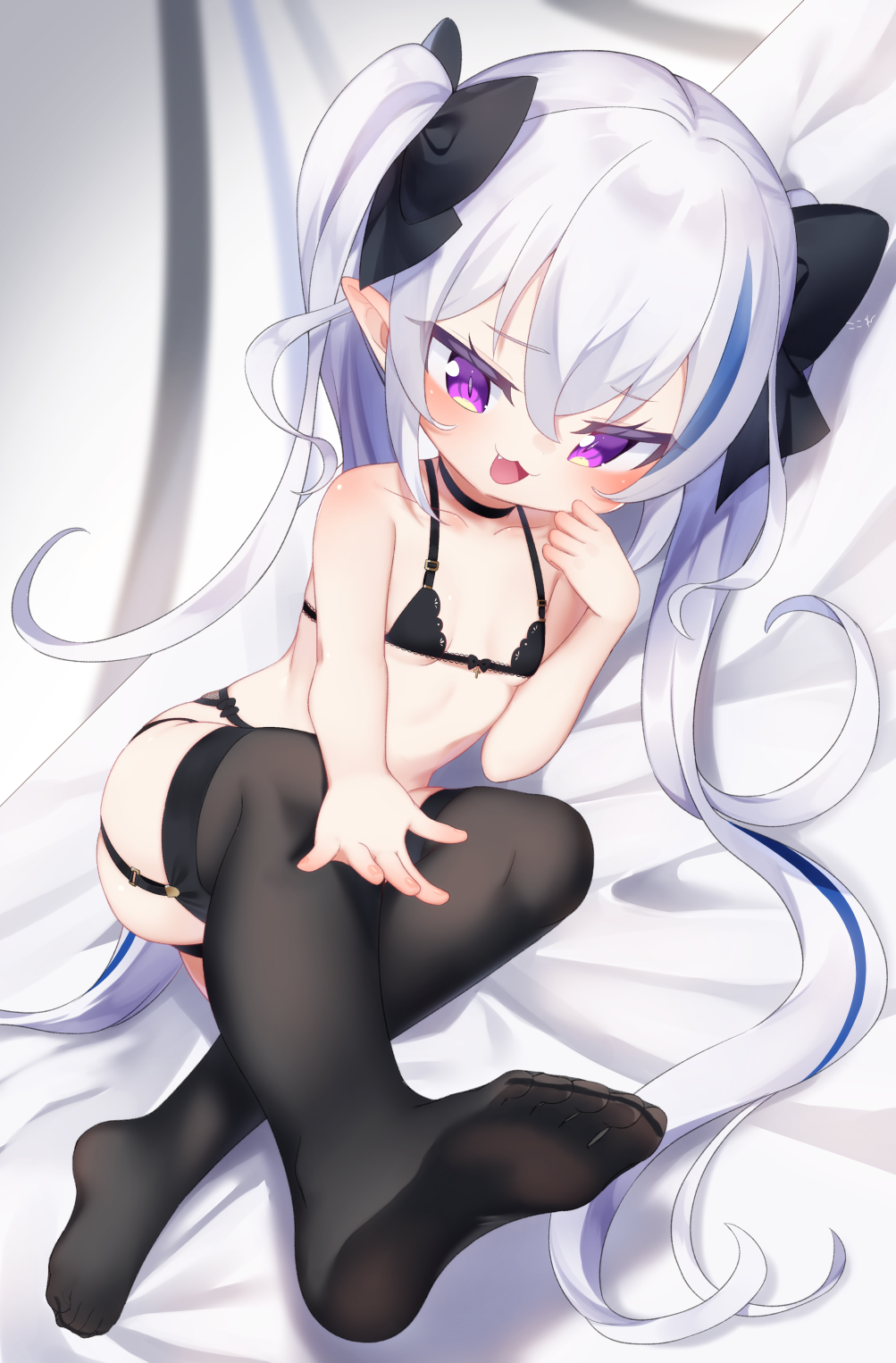 1girl, :d, bangs, bare_arms, bare_shoulders, bed_sheet, black_bow, black_bra