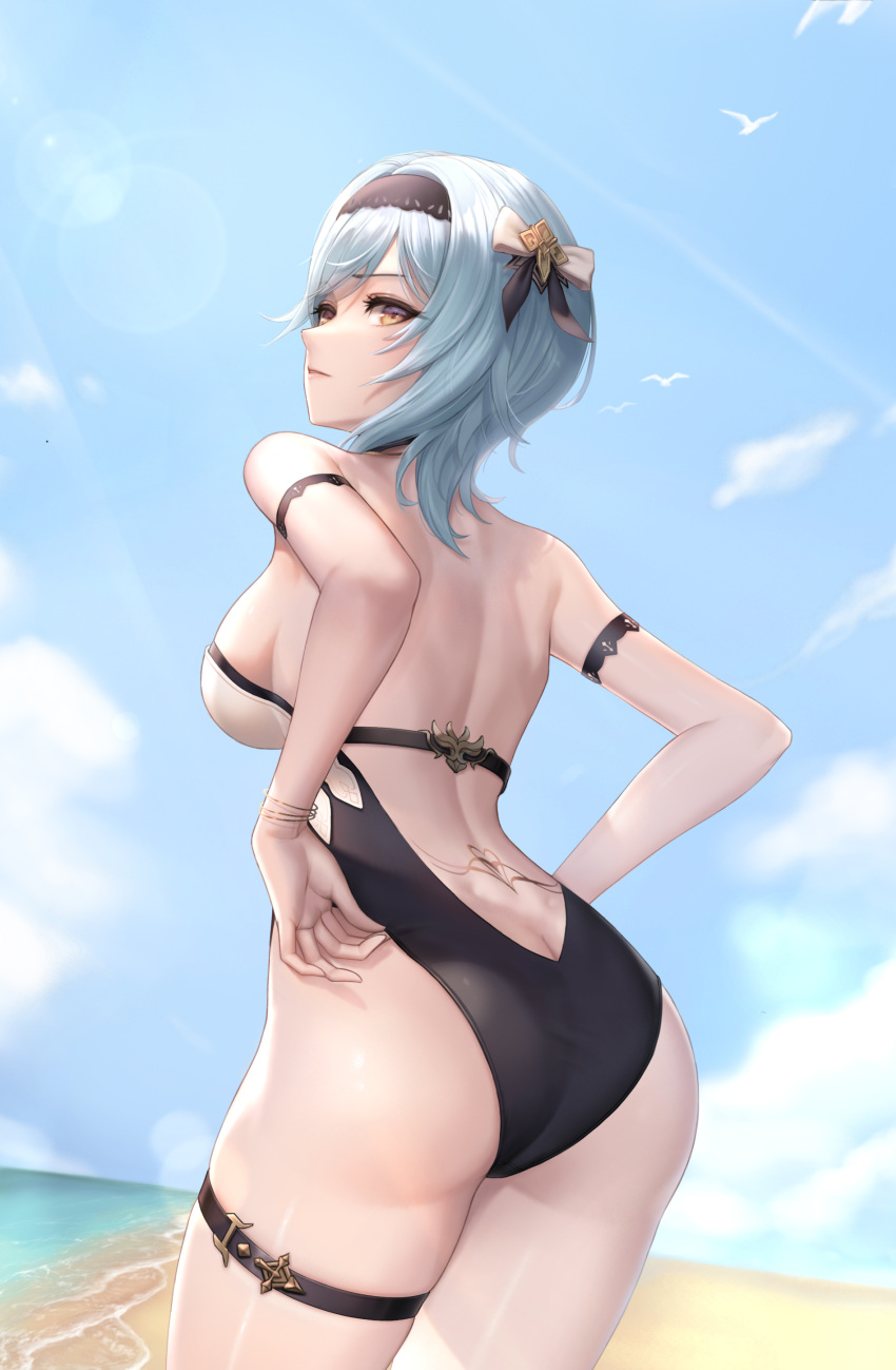 1girl, absurdres, adjusting_clothes, adjusting_swimsuit, alternate_costume, ass, bangs, bare_back, beach, blue_hair, blue_sky, blurry, bow, bracelet, breasts, brown_eyes, clouds, cloudy_sky, commentary, depth_of_field, dimples_of_venus, english_commentary, eula_(genshin_impact), eyebrows_visible_through_hair, from_behind, genshin_impact, hair_between_eyes, hair_bow, hair_ribbon, hairband, highres, horizon, jewelry, kie_(wylee2212), leaning_forward, long_hair, looking_at_viewer, looking_back, ocean, one-piece_swimsuit, ribbon, sideboob, sidelocks, sky, solo, swimsuit, tattoo, thighs