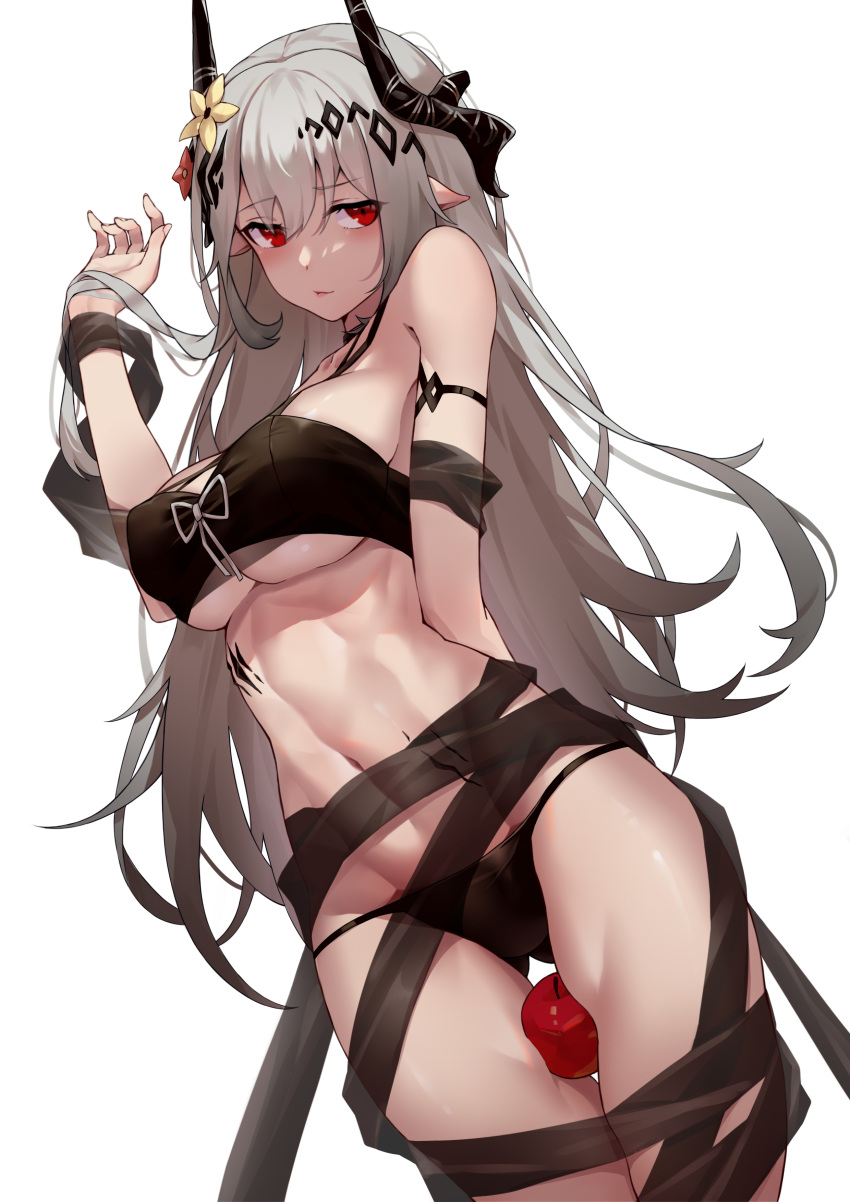 1girl, absurdres, apple, arknights, bangs, bare_shoulders, between_legs, bikini