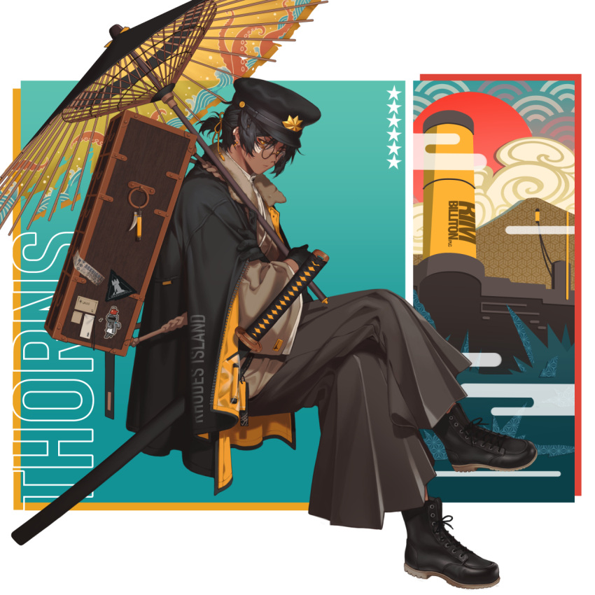 1boy, arknights, bangs, black_gloves, black_hair, character_name, copyright_name, crossed_legs, dark-skinned_male, dark_skin, doctor_(arknights), earrings, english_commentary, glasses, gloves, hat, highres, holding, holding_umbrella, jacket, jacket_on_shoulders, japanese_clothes, jewelry, long_sleeves, male_focus, manjyufroth, oil-paper_umbrella, pants, rhodes_island_logo, sheath, sheathed, shoes, short_hair, short_ponytail, solo, sticker, sword, taishou, teapot, thorns_(arknights), umbrella, weapon, wide_sleeves, yellow_eyes