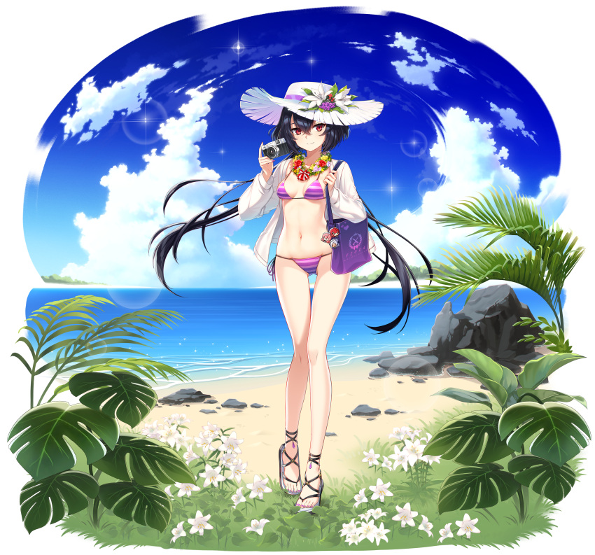 1girl, absurdres, alpha_transparency, bag, bare_legs, beach, bikini, black_hair, breasts, camera, clouds, counter_side, downscaled, floating_hair, flower, flower_necklace, full_body, hair_between_eyes, hand_up, hat, hat_flower, highres, holding, huge_filesize, jacket, jewelry, lily_(counter_side), long_hair, long_sleeves, looking_at_viewer, low_twintails, medium_breasts, navel, necklace, ocean, official_art, open_clothes, open_jacket, purple_bikini, red_eyes, resized, sandals, shoulder_bag, side-tie_bikini, smile, solo, standing, stomach, string_bikini, sun_hat, swimsuit, thigh_gap, thighs, transparent_background, twintails, very_long_hair, white_headwear, white_jacket