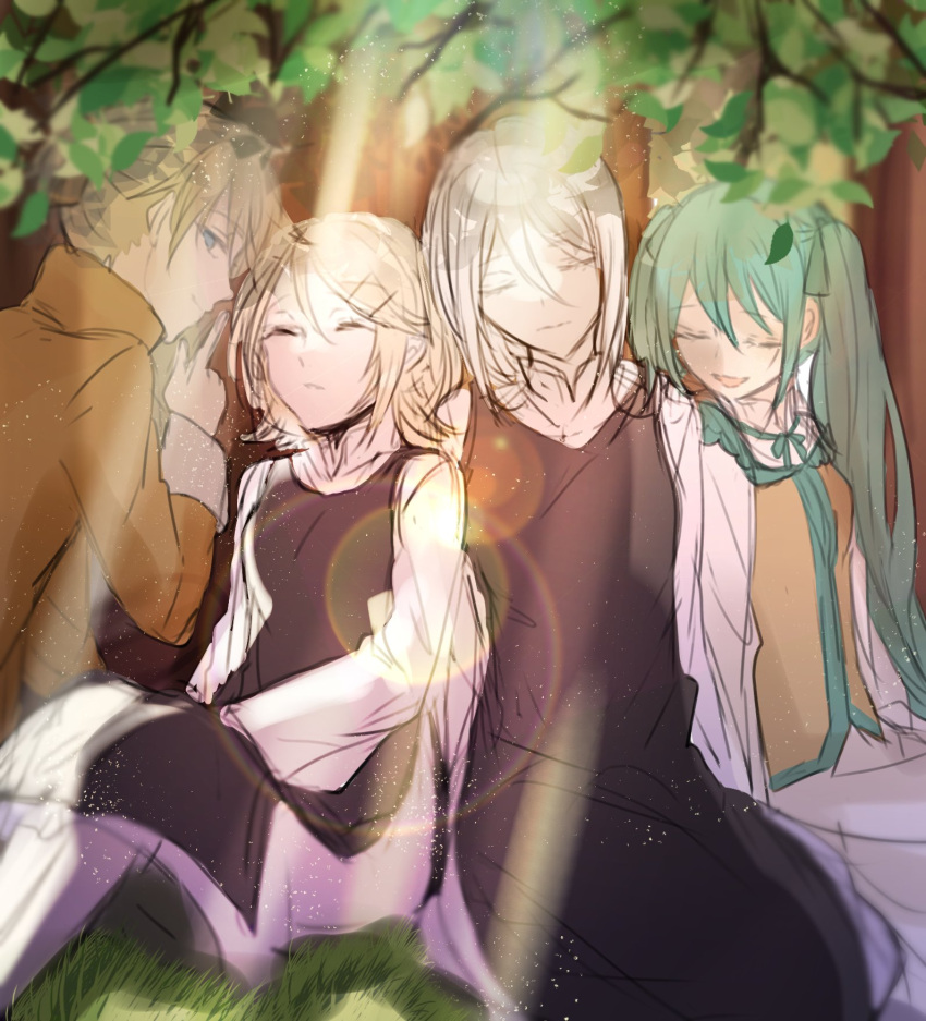 1boy, 3girls, allen_avadonia, aqua_hair, blonde_hair, brother_and_sister, clarith, closed_eyes