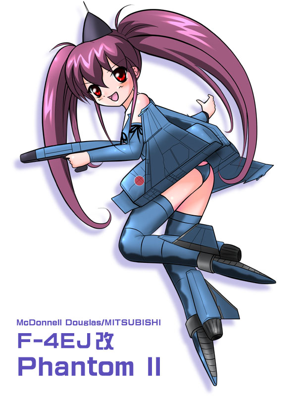 airplane, f-4_phantom_ii, jet, mecha_musume, military, nou_shiroppu, purple_hair, simple_background, twintails