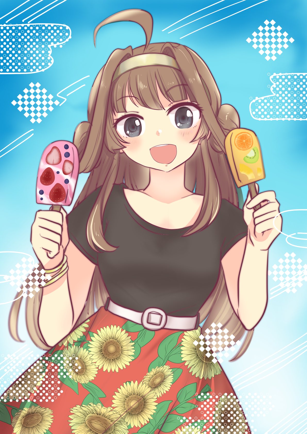 1girl, ahoge, alternate_costume, black_blouse, blouse, blue_background, brown_hair, commentary_request