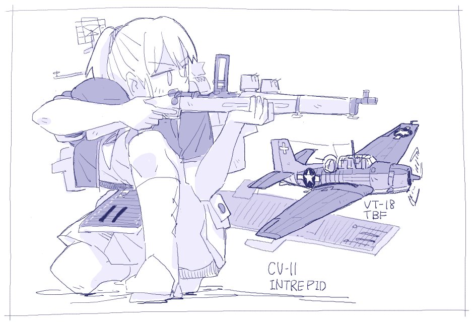 1girl, aiming, aircraft, airplane, bolt_action, boots, flight_deck, gun