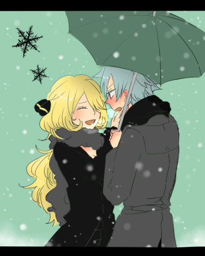 1girl, blonde_hair, blue_hair, blush, closed_eyes, coat, cold, couple, hair_ornament, hair_over_one_eye, hand_on_another's_face, hand_on_face, long_coat, long_hair, lowres, open_mouth, pokemon, pokemon_(game), pokemon_dppt, pokemon_rse, rosy_cheeks, scarf, shared_umbrella, shirona_(pokemon), short_hair, snow, snowing, tsuwabuki_daigo, umbrella