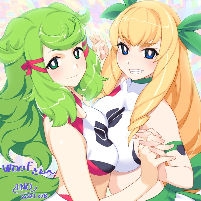 2girls, blonde_hair, blue_eyes, borrowed_character, commission, drill_hair, eyebrows_visible_through_hair, green_eyes