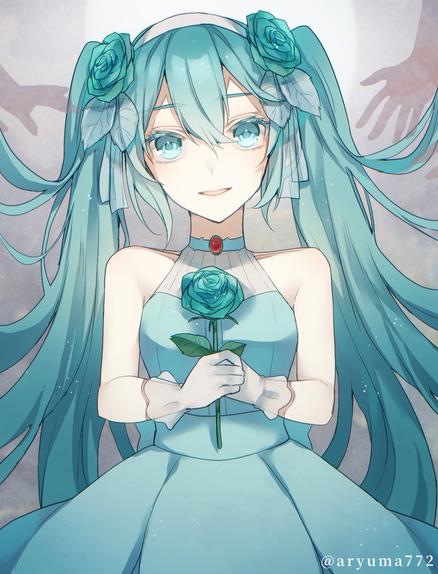 1girl, aqua_dress, aqua_eyes, aqua_hair, aqua_rose, aryuma772, bare_shoulders, choker