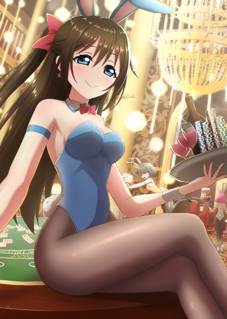 1girl, animal_ears, bangs, blue_eyes, blue_leotard, bow, bowtie, brown_hair