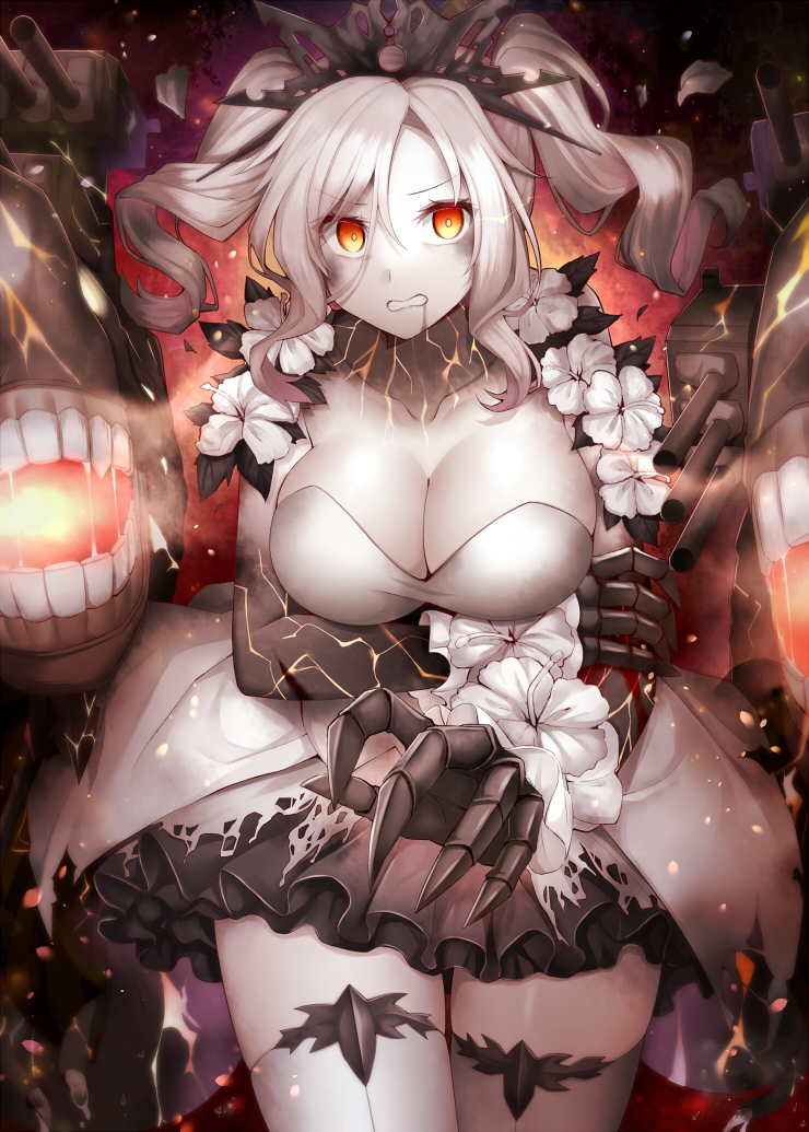 1girl, abyssal_ship, breasts, cannon, colored_skin, dress, drill_hair, flower_armlet