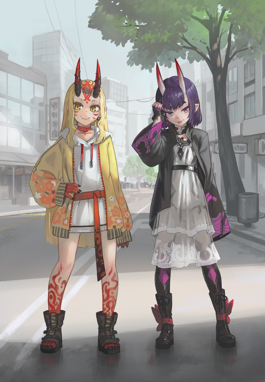 2girls, :p, arm_up, blonde_hair, boots, casual, city, commentary