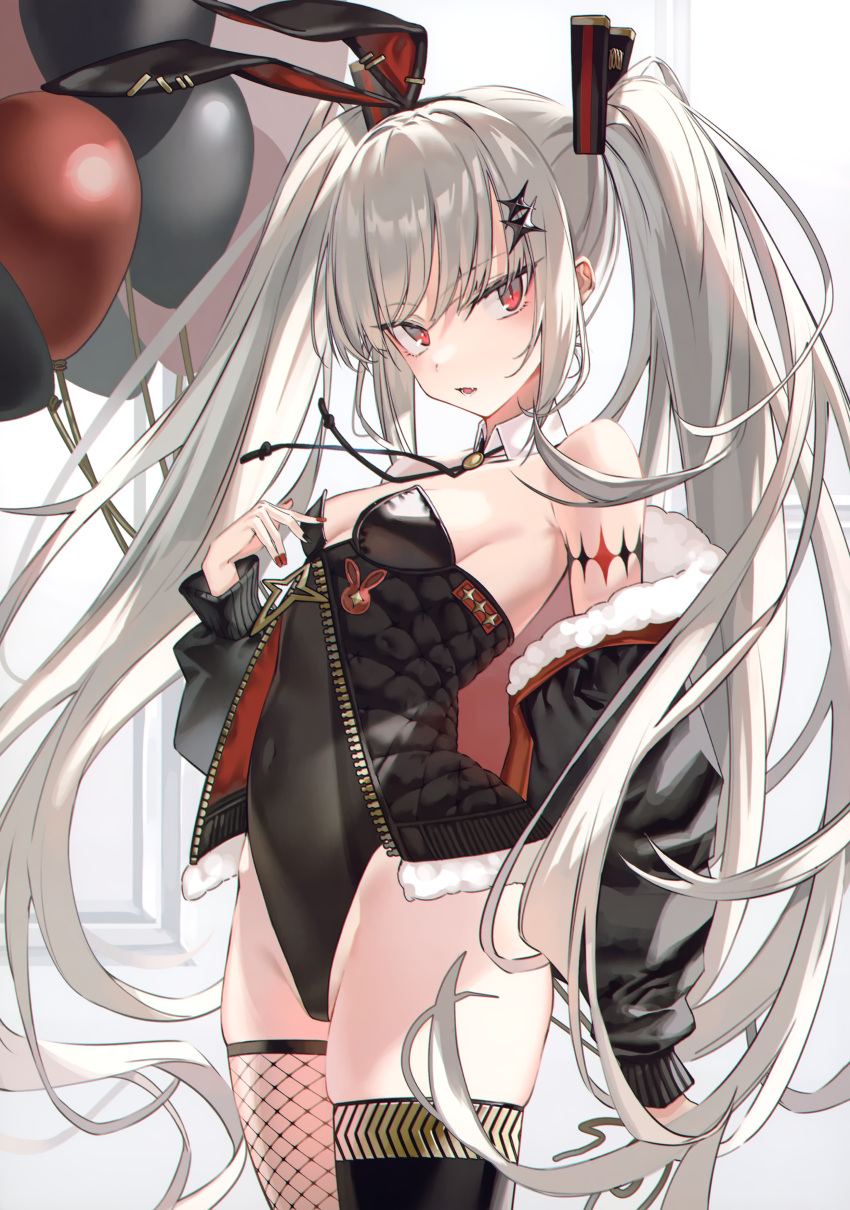 1girl, absurdres, animal_ears, asymmetrical_legwear, balloon, bangs, bare_shoulders, black_jacket
