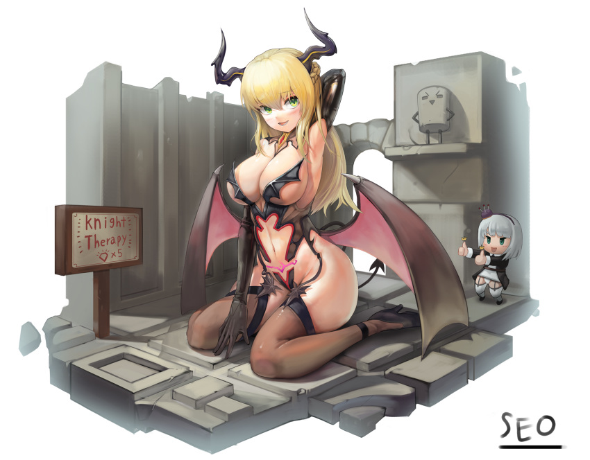 2girls, artist_name, audrey_dreamweaver, bangs, black_legwear, blonde_hair, blush, breasts, chibi, crossover, demon_horns, demon_wings, english_text, eyebrows_visible_through_hair, full_body, future_princess, gm_orangeade, green_hair, guardian_tales, high_heels, highres, horns, large_breasts, last_origin, long_hair, looking_at_viewer, minigirl, multiple_girls, open_mouth, seo_(tqhgud016), short_hair, silver_hair, smile, thigh-highs, white_background, wings