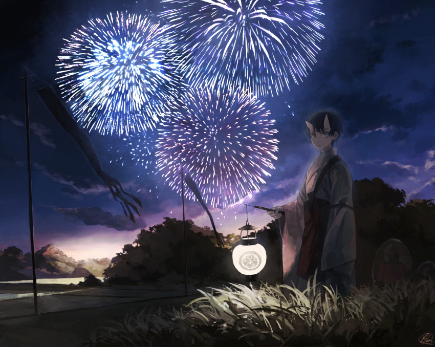 1boy, aerial_fireworks, arm_at_side, banner, black_hair, blue_eyes, blue_sky, closed_mouth