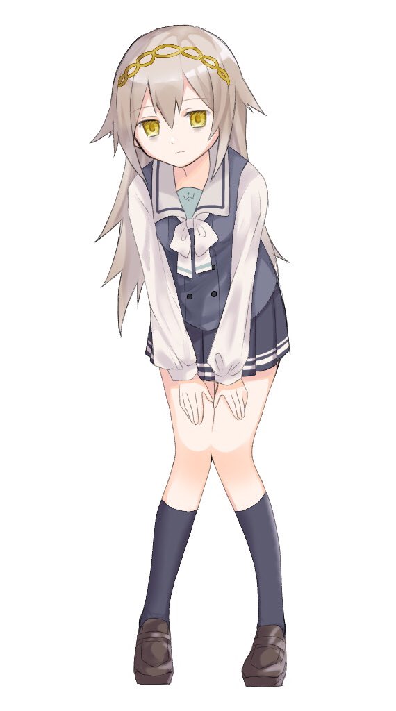 1girl, bags_under_eyes, comet543, grey_hair, hands_on_own_knees, headband, kureha_yuna, long_hair