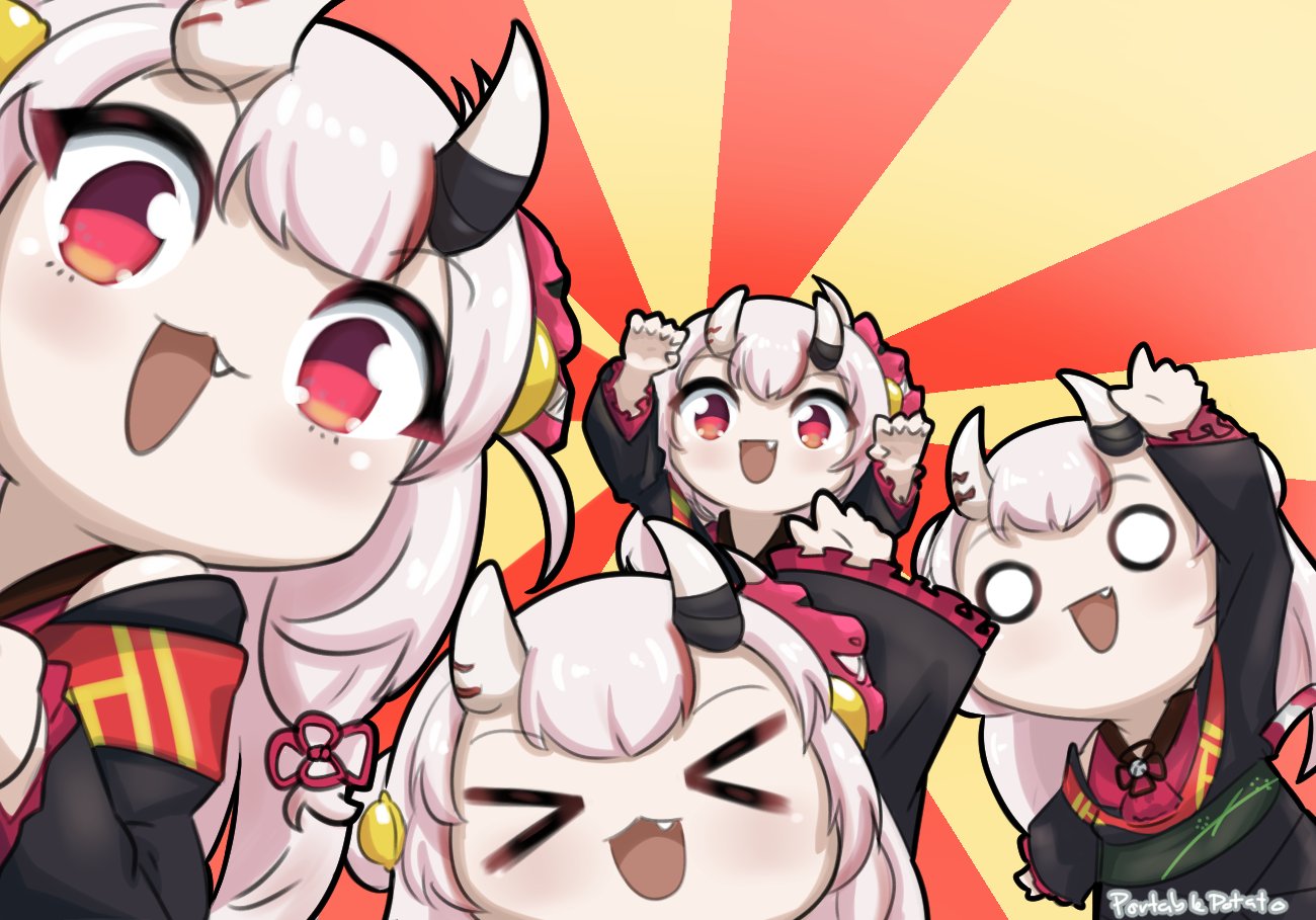 >_<, 4girls, bell, black_kimono, bow, fang, frilled_hairband, frilled_sleeves