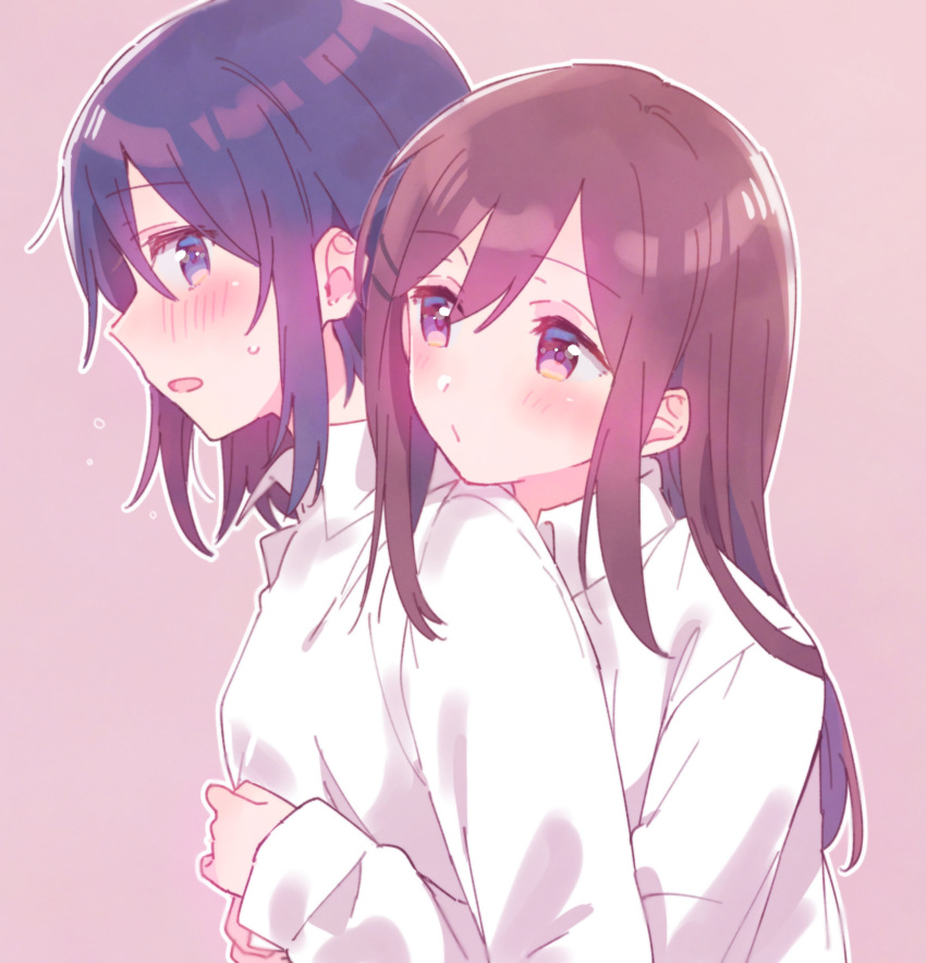 2girls, absurdres, adachi_sakura, adachi_to_shimamura, black_hair, brown_hair, collared_shirt, eyebrows_visible_through_hair