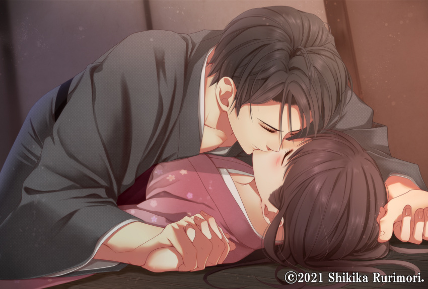 1boy, 1girl, black_hair, black_kimono, blush, brown_hair, closed_eyes, couple
