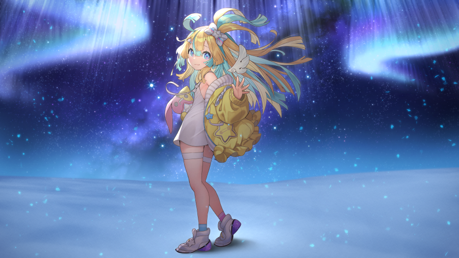 1girl, amakawa_hano, aqua_hair, aurora, bettle_(b_s_a_n), blonde_hair, blue_eyes, bow