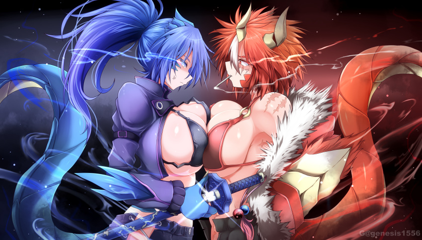 2girls, anger_vein, annes_(g_(genesis1556)), bangs, bikini, bikini_top, black_background, black_bikini, blue_eyes, blue_hair, breast_press, breasts, claws, closed_mouth, dein_(g_(genesis1556)), dragon_girl, dragon_horns, dragon_tail, from_side, fur_trim, g_(genesis1556), highres, holding, holding_sword, holding_weapon, horns, jacket, large_breasts, long_hair, looking_at_another, monster_girl, multicolored_hair, multiple_girls, open_clothes, open_jacket, original, ponytail, red_bikini, red_eyes, redhead, scar, scar_across_eye, sheath, sheathed, short_hair, smoking, streaked_hair, swimsuit, sword, symmetrical_docking, tail, two-tone_hair, upper_body, weapon