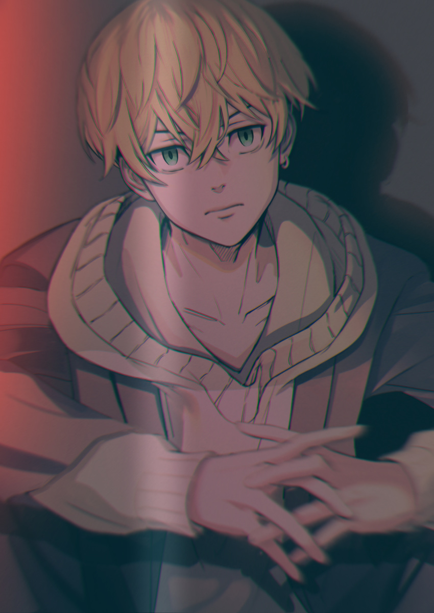1boy, absurdres, blonde_hair, blue_eyes, earrings, hair_between_eyes, hands_together, highres