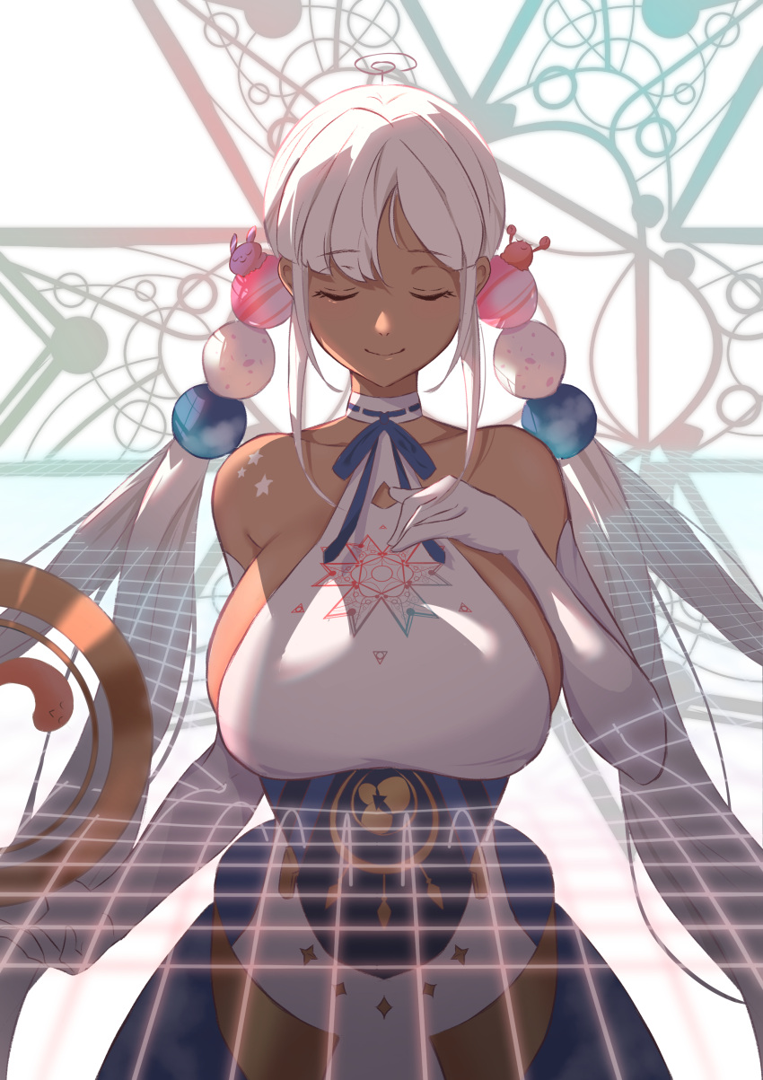 1girl, absurdres, breasts, closed_eyes, elbow_gloves, gloves, hand_on_own_chest, highres