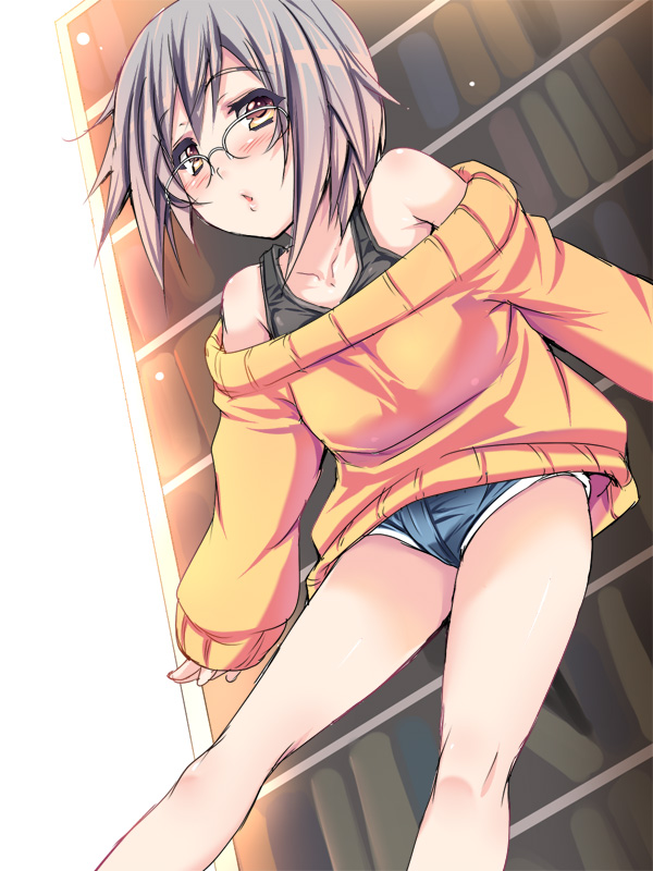 blush, denim, denim_shorts, glasses, legs, nagato_yuki, open_mouth, purple_hair