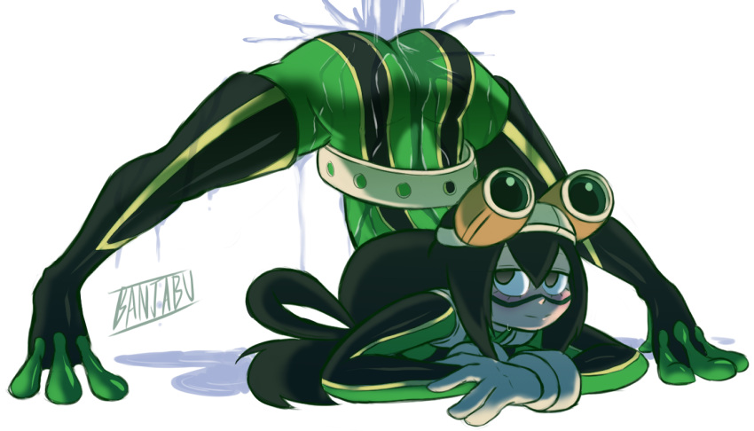 1girl, artist_name, ass, asui_tsuyu, bangs, banjabu, belt, bodysuit