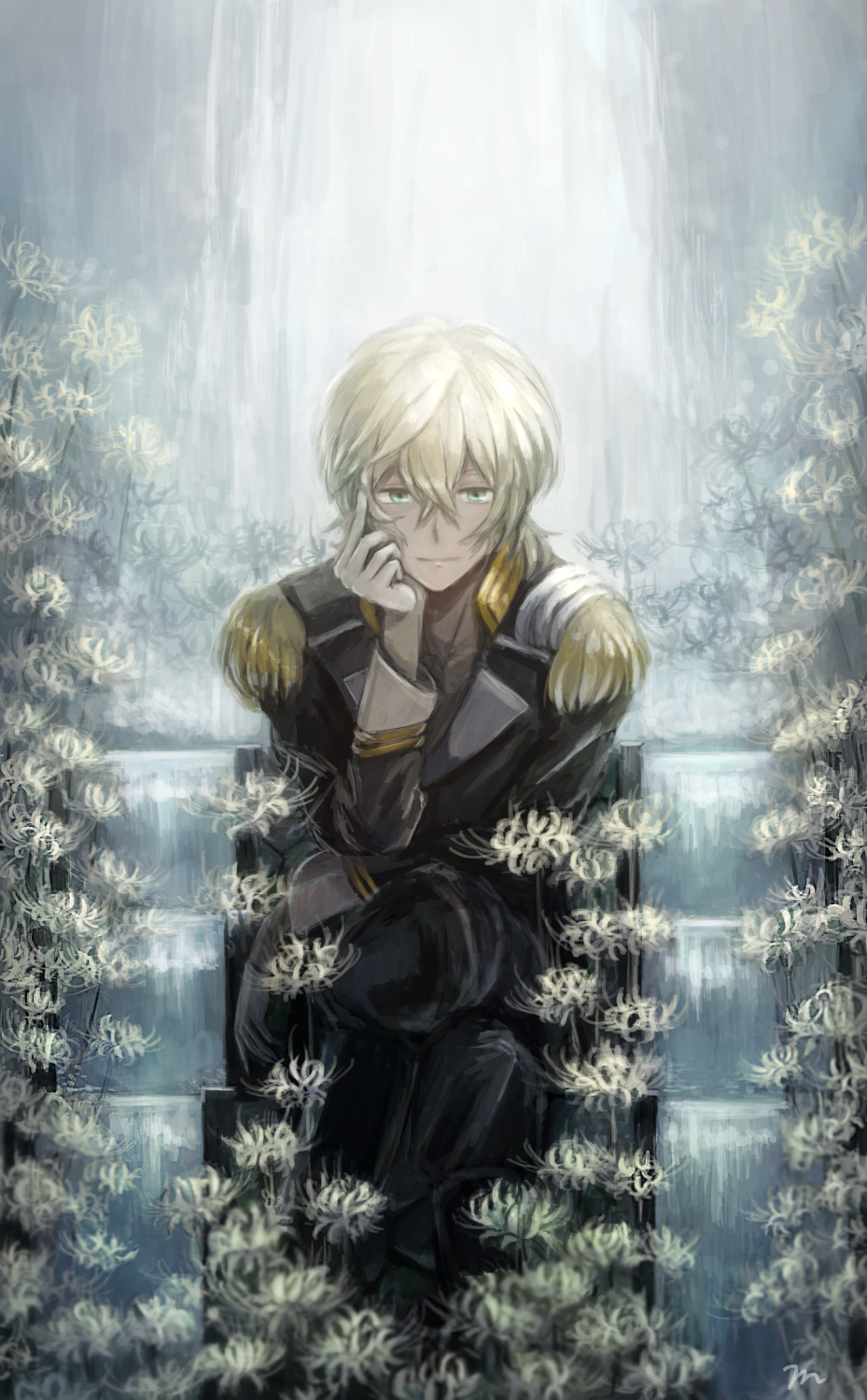 1boy, black_pants, blonde_hair, dark-skinned_male, dark_skin, epaulettes, flower, hagiwara_mokusei, hair_between_eyes, highres, long_sleeves, looking_at_viewer, male_focus, niiboshi_reo, pants, sarazanmai, short_hair, sitting, solo, uniform