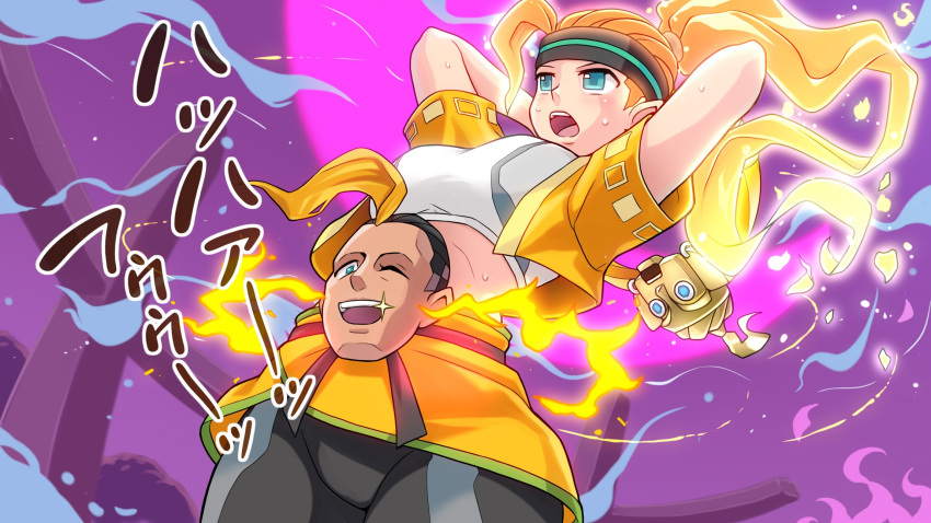 1boy, 1girl, abdonis, arms_behind_head, blue_eyes, breasts, cropped_jacket, dark-skinned_male, dark_skin, fiery_hair, fire, gleam, high_ponytail, highres, long_hair, medium_breasts, multicolored_hair, open_mouth, pointy_ears, redhead, ring-con, ring_(ring_fit_adventure), ring_fit_adventure, ring_fit_trainee, sports_bra, streaked_hair, sweat, thighs, v-mag