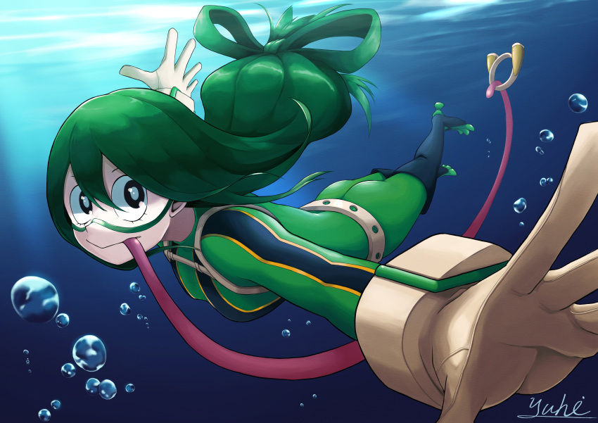1girl, :>, absurdres, artist_name, asui_tsuyu, belt, black_eyes, black_footwear