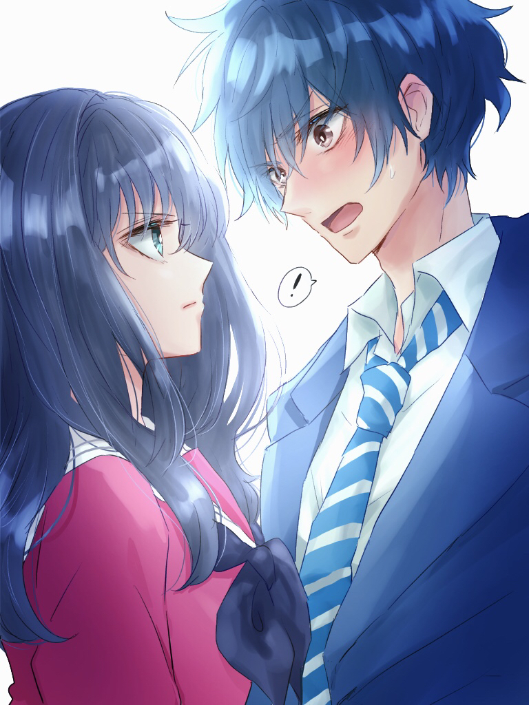 !, 1boy, 1girl, :o, black_hair, blazer, blue_eyes, blue_hair