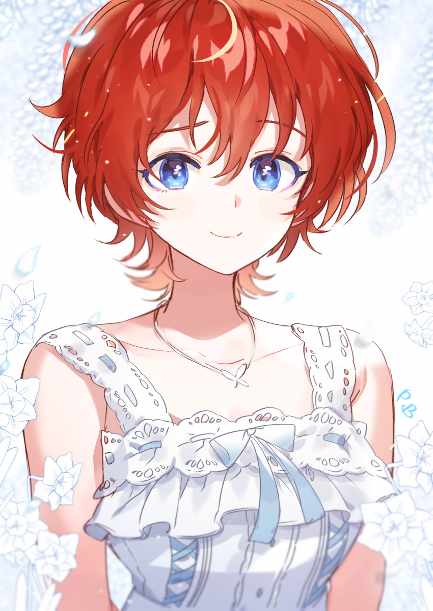 blue_eyes, blurry, blurry_background, blurry_foreground, bug, butterfly, butterfly_necklace, commentary