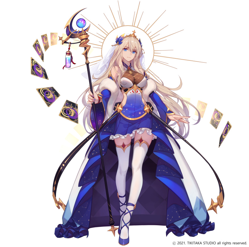 1girl, baek_hyang, bare_shoulders, blonde_hair, blue_dress, blue_eyes, blue_nails, cape