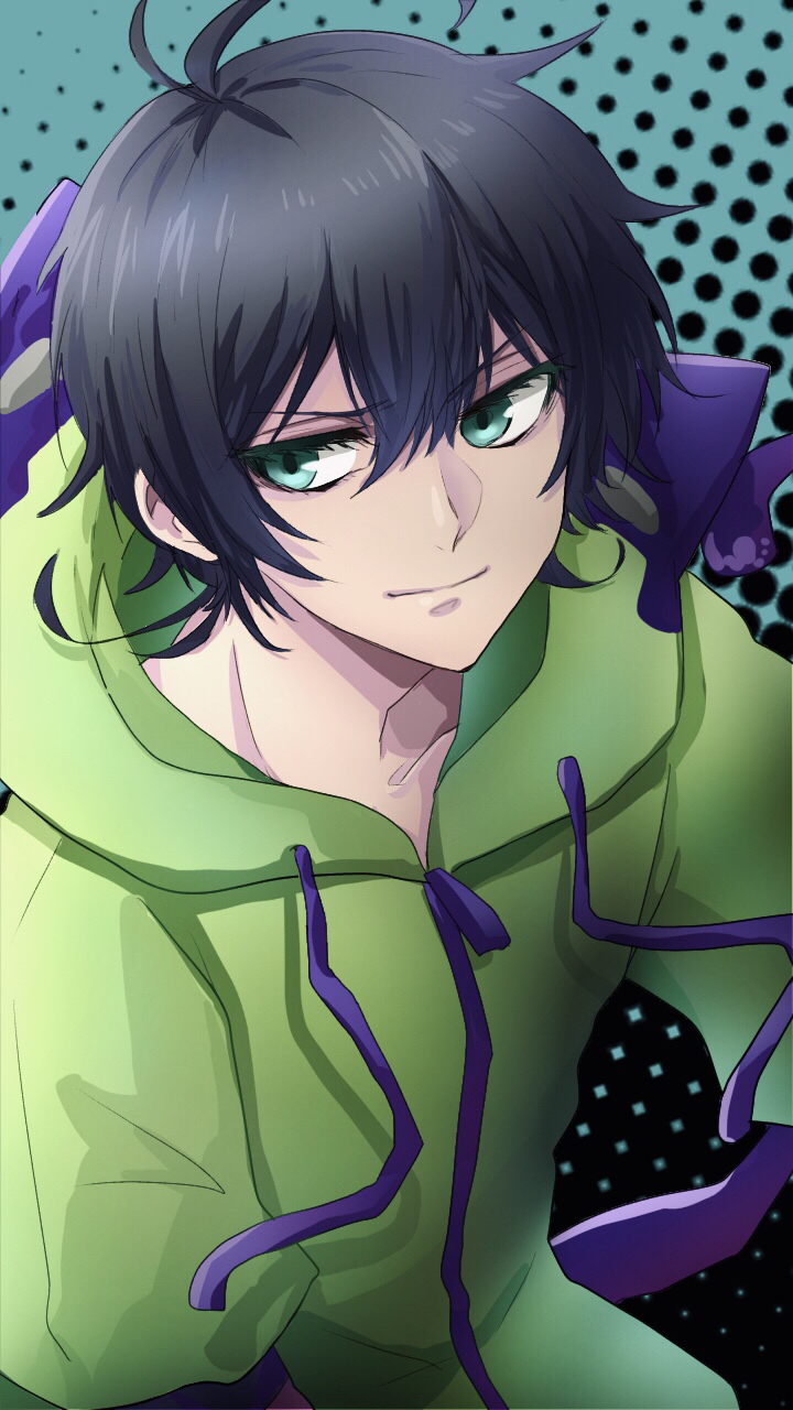 1boy, black_hair, blue_eyes, green_jacket, highres, hood, hood_down, isaki_(1015m)