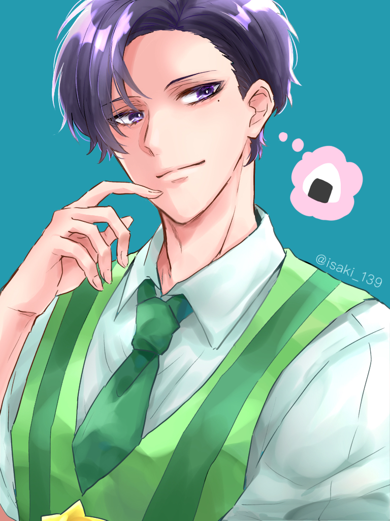 1boy, artist_name, blue_background, daga_iketeru, food, green_neckwear, green_vest, hand_up